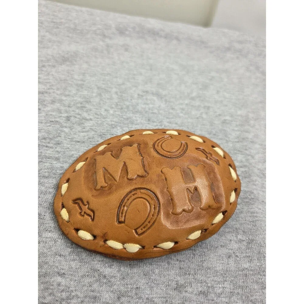 Handmade Tooled Brown Leather Horseshoe Initials MH Belt Buckle